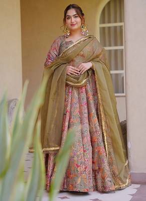 beige digital print silk blend  gown  5