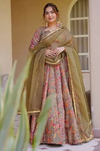 beige digital print silk blend  gown 