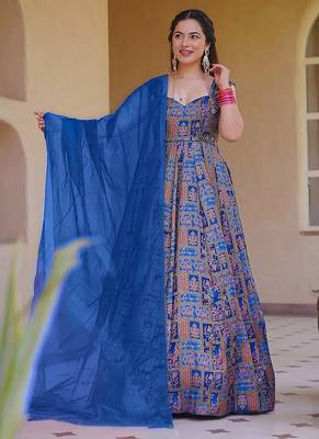 navy blue digital print silk blend  gown  1