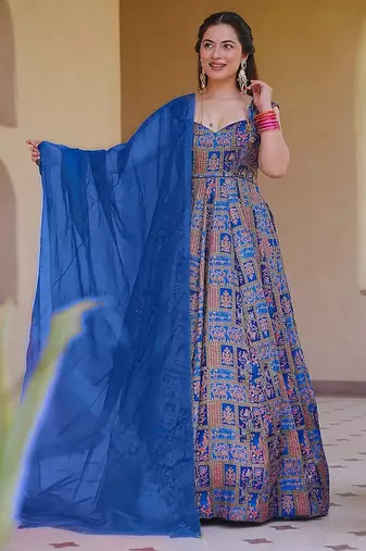 navy blue digital print silk blend  gown 