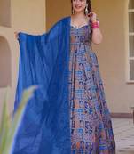 navy blue digital print silk blend  gown 