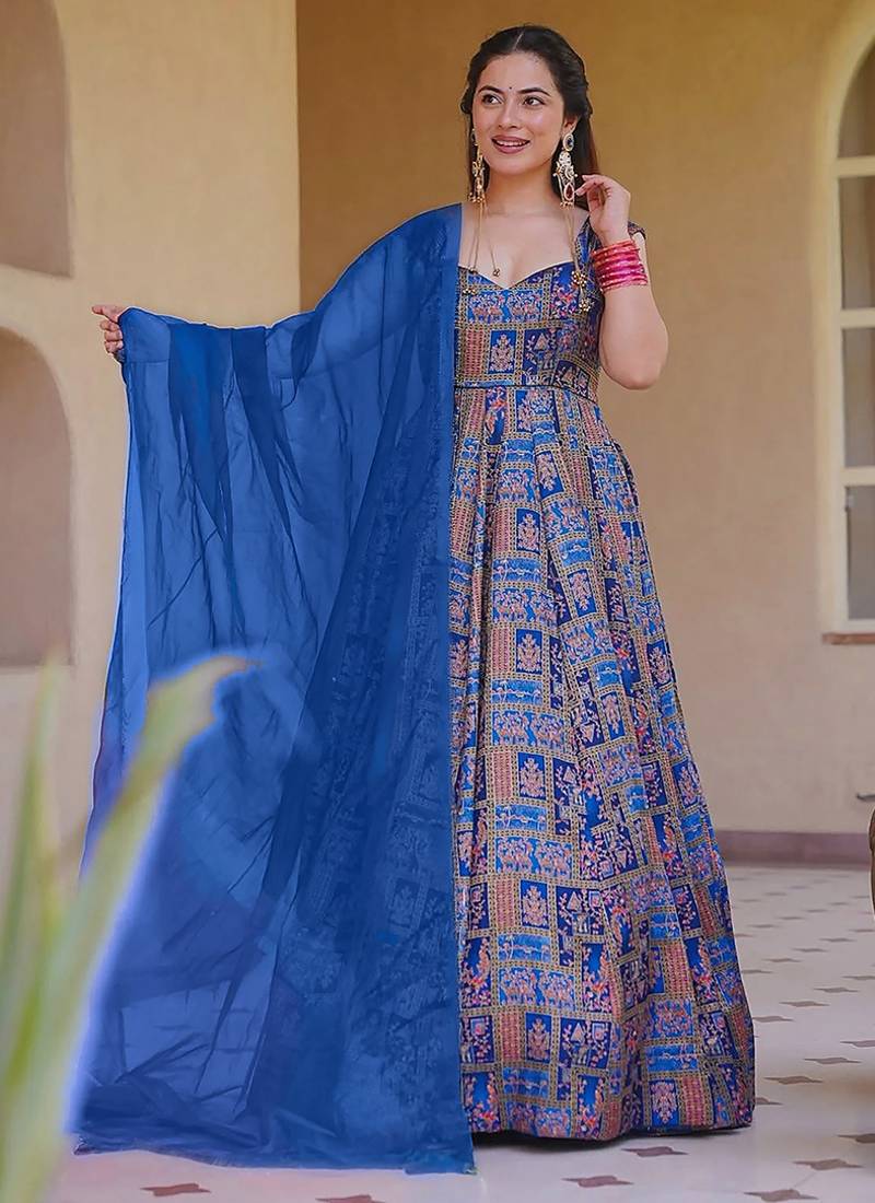 navy blue digital print silk blend  gown 
