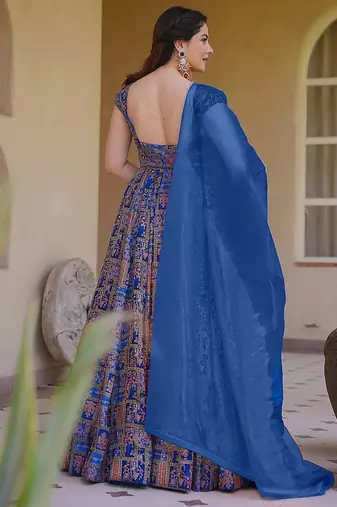 navy blue digital print silk blend  gown 