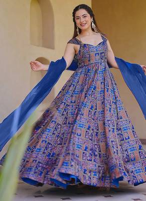 navy blue digital print silk blend  gown  4