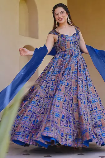 navy blue digital print silk blend  gown 