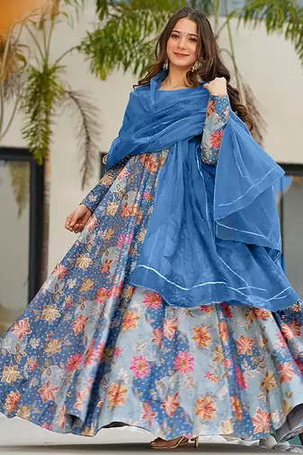 sky blue digital print silk blend  gown 