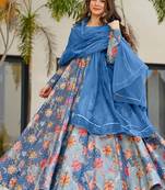 sky blue digital print silk blend  gown 