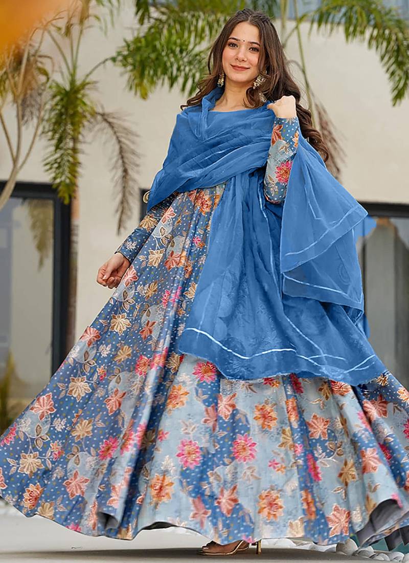 sky blue digital print silk blend  gown 