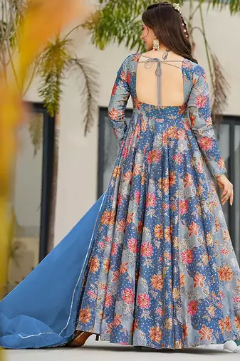 sky blue digital print silk blend  gown 
