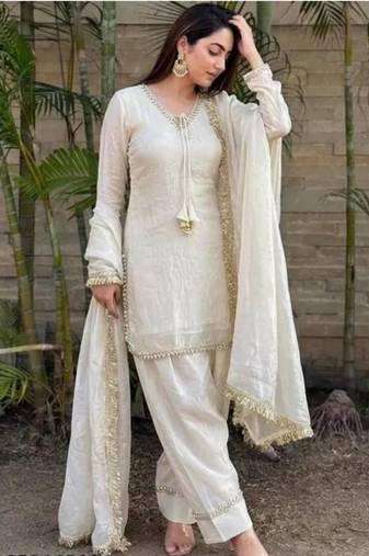 Off-white glass satin mirror work kurta with pant and dupatta