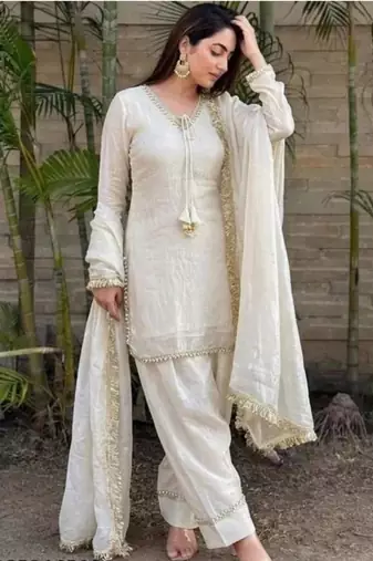 Off-white glass satin mirror work kurta with pant and dupatta