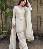 Off-white glass satin mirror work kurta with pant and dupatta