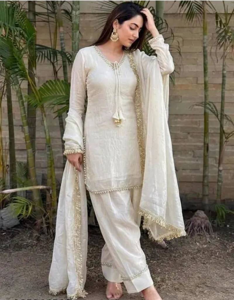 Off-white glass satin mirror work kurta with pant and dupatta
