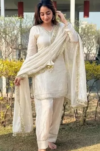 Off-white glass satin mirror work kurta with pant and dupatta