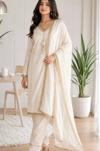 Off-white glass satin mirror work kurta with pant and dupatta