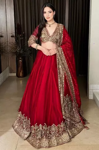 Red Coding with Sequnce work Chinon Lehanga Choli Set