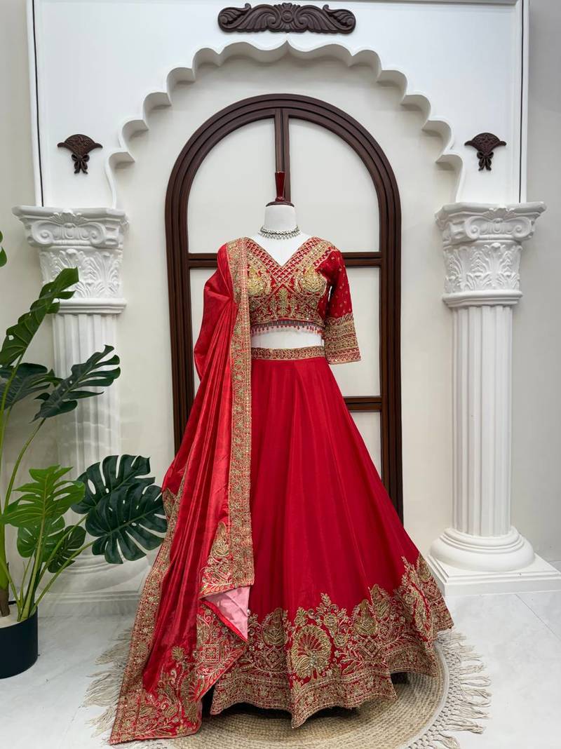 Red Coding with Sequnce work Chinon Lehanga Choli Set
