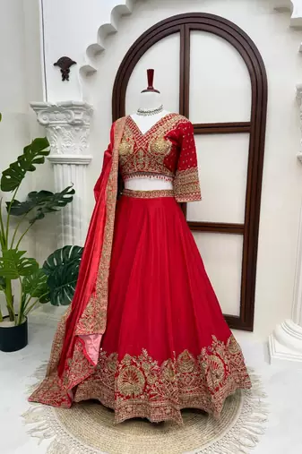 Red Coding with Sequnce work Chinon Lehanga Choli Set