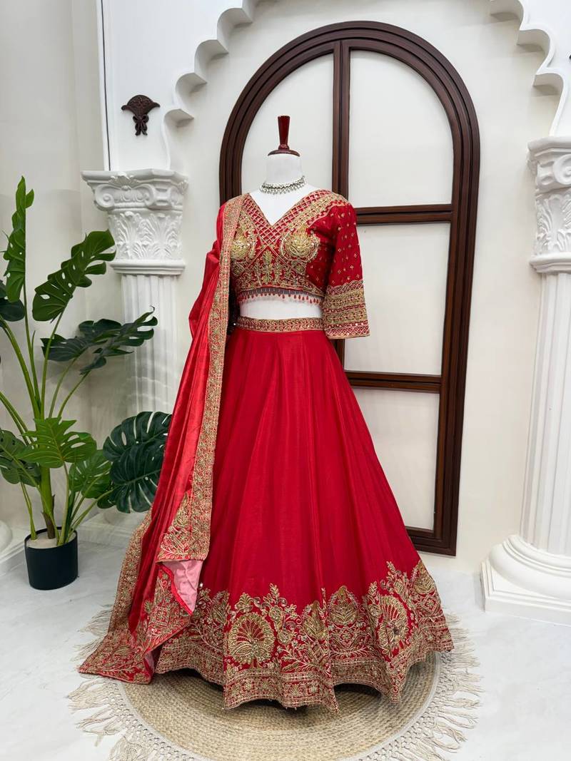 Red Coding with Sequnce work Chinon Lehanga Choli Set