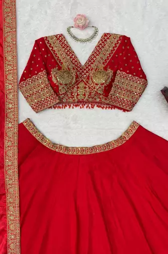 Red Coding with Sequnce work Chinon Lehanga Choli Set