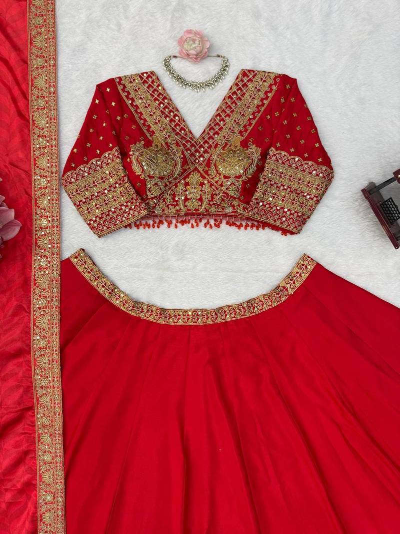 Red Coding with Sequnce work Chinon Lehanga Choli Set