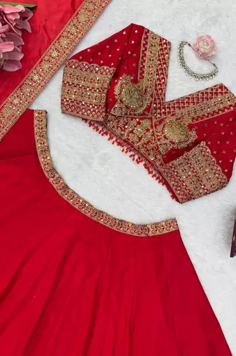 Red Coding with Sequnce work Chinon Lehanga Choli Set