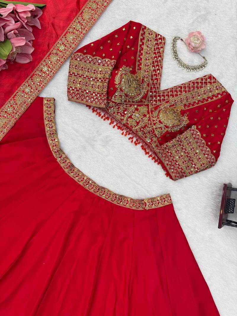 Red Coding with Sequnce work Chinon Lehanga Choli Set