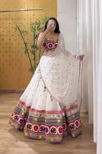 White Sequnce Real mirror and kodi lace broder Foux gorgette Lehenga Choli Set