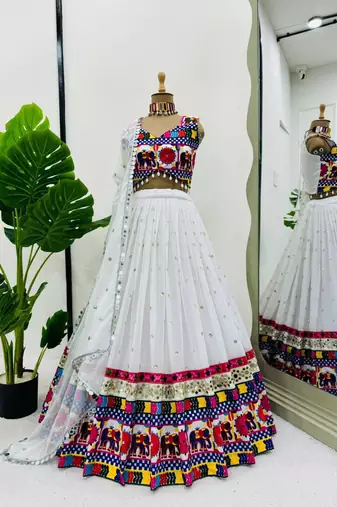 White Sequnce Real mirror and kodi lace broder Foux gorgette Lehenga Choli Set