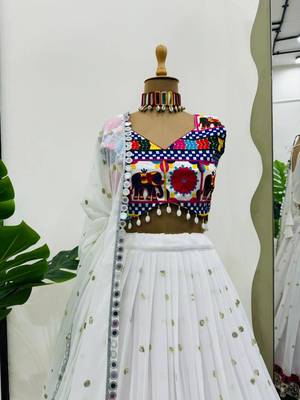White Sequnce Real mirror and kodi lace broder Foux gorgette Lehenga Choli Set 3
