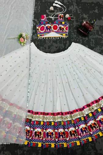 White Sequnce Real mirror and kodi lace broder Foux gorgette Lehenga Choli Set