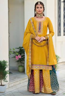 mustard embroidered chinnon semi stitched kurta set 1