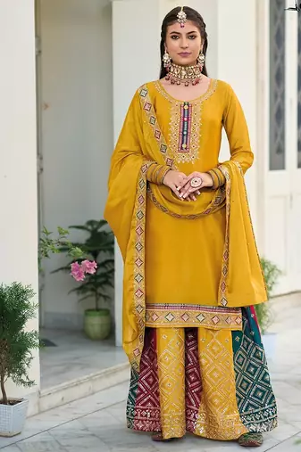 mustard embroidered chinnon semi stitched kurta set