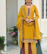 mustard embroidered chinnon semi stitched kurta set