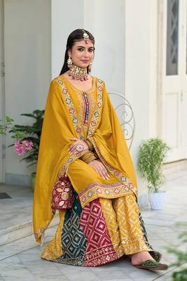 mustard embroidered chinnon semi stitched kurta set 2