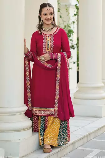maroon embroidered chinnon semi stitched kurta set