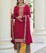 maroon embroidered chinnon semi stitched kurta set