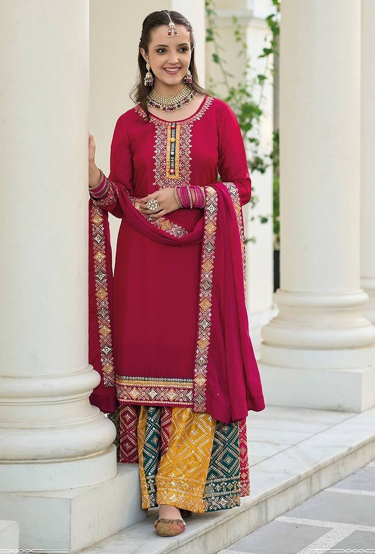 maroon embroidered chinnon semi stitched kurta set