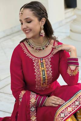 maroon embroidered chinnon semi stitched kurta set 2