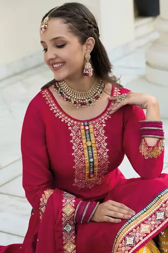maroon embroidered chinnon semi stitched kurta set