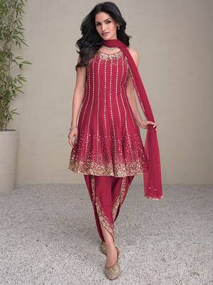 pink embroidered silk free size stitched kurta set 1
