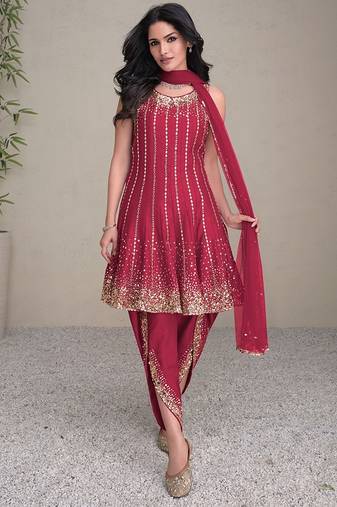 pink embroidered silk free size stitched kurta set