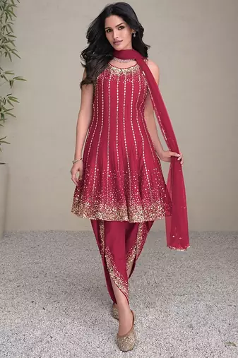 pink embroidered silk free size stitched kurta set