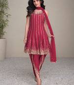 pink embroidered silk free size stitched kurta set