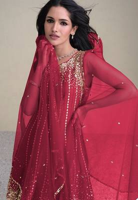 pink embroidered silk free size stitched kurta set 2