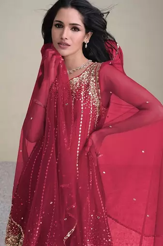 pink embroidered silk free size stitched kurta set