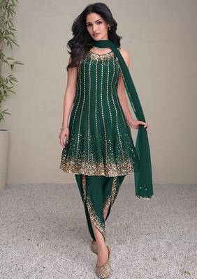 green embroidered silk free size stitched kurta set 1