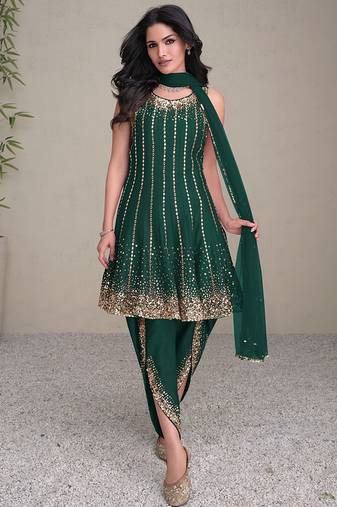 green embroidered silk free size stitched kurta set