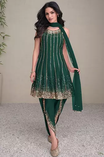 green embroidered silk free size stitched kurta set