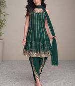 green embroidered silk free size stitched kurta set